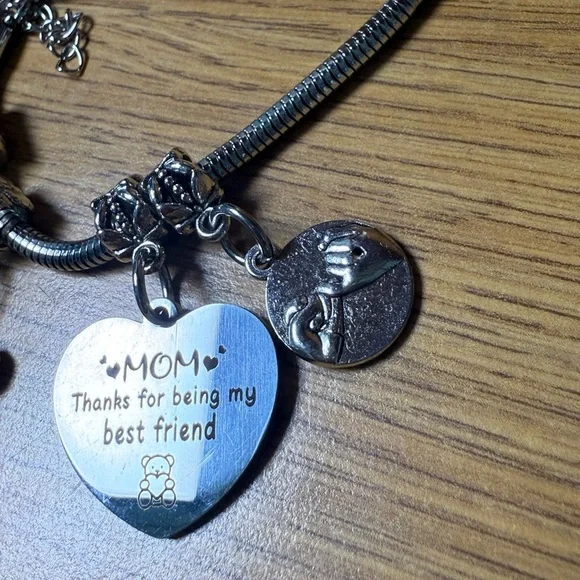 New Adjustable Mom Charm Bracelet – Teddy Bear & Flower Motif, Up to 10” - Picture 2 of 4